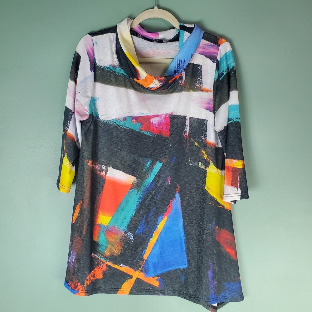 Damee Womens Colorful Abstract Artsy Cowl Neck Tunic Top Size Small Flawed